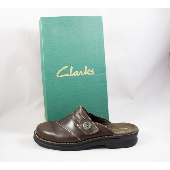 Clarks Womens Patty Beli Brown Leather Slip-On Clogs Mules Size 7M Shoes - Picture 2 of 8